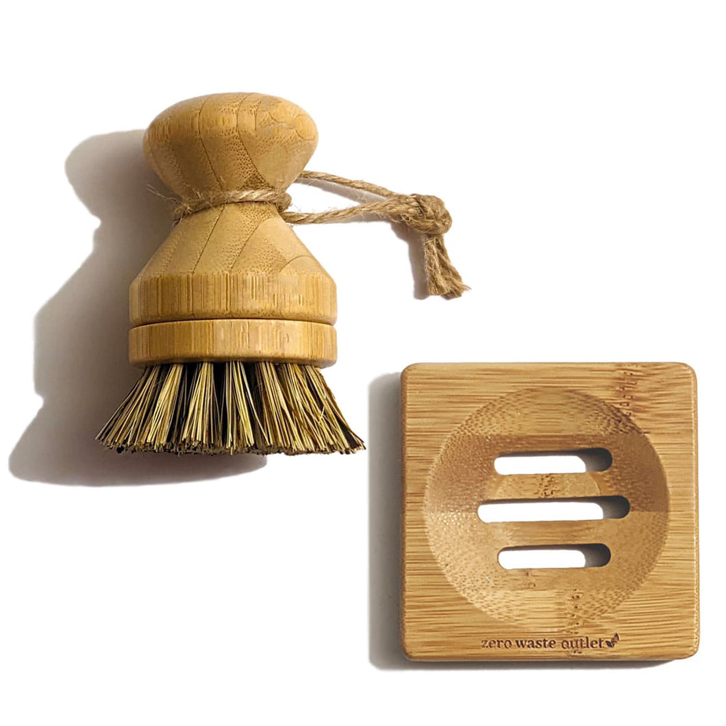 Pot Scrubber Brush and Bamboo Soap Dish