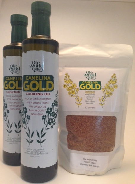 2 Ole World Oil Camelina Gold Oil 8.5oz & 1 12oz Seed Packages